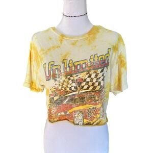 GARAGE x Womens Tie Dye Yellow Crop T-shirt Race Car Cut off Hippie l Size L